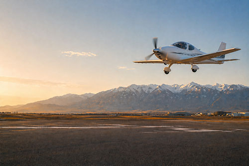 Cesna airplane landing with mountains in the background