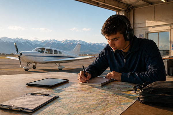 Student Pilot planning a route in the hanger