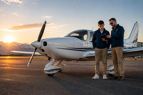 Pre-flight briefing on the tamac with student and instructor